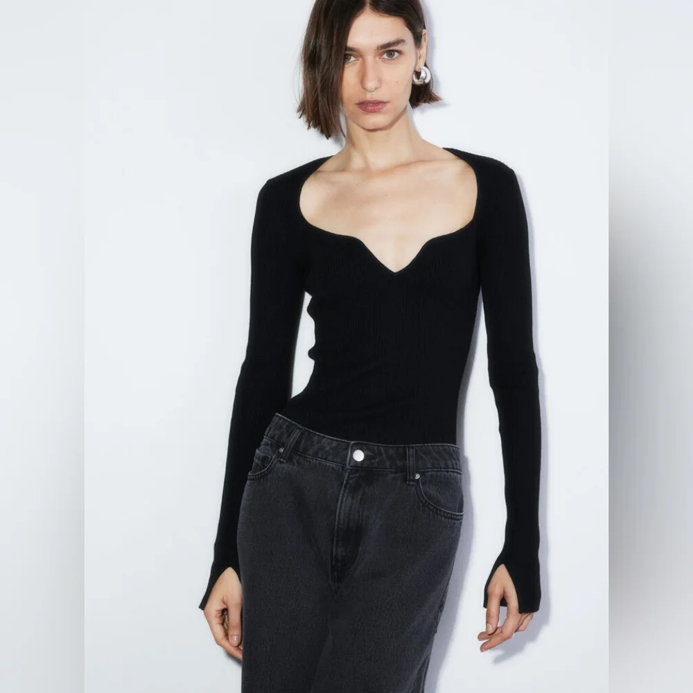 H&M Olive Green Ribbed Sweetheart Neckline Top Sweater XS NWT